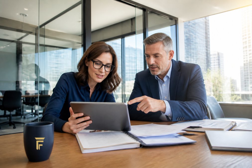 A consultant in a modern glass-walled office reviewing a financial dashboard on a tablet while a colleague points at projected cash flow figures, natural daylight streaming in
