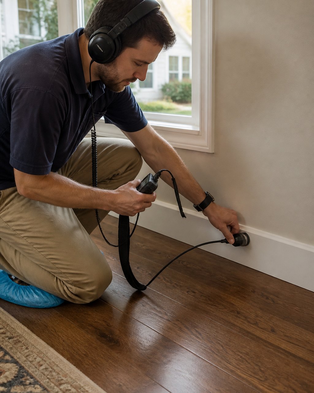 Professional technician holding electronic leak detection sensor against residential wall near baseboards, carefully monitoring readings on handheld device in home interior