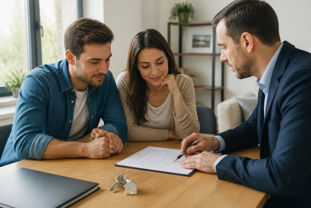 Jeune couple assis à une table examinant des documents immobiliers et des clés de maison, conseiller immobilier en costume pointant des détails sur un document, lumière naturelle douce, atmosphère professionnelle et accueillante
