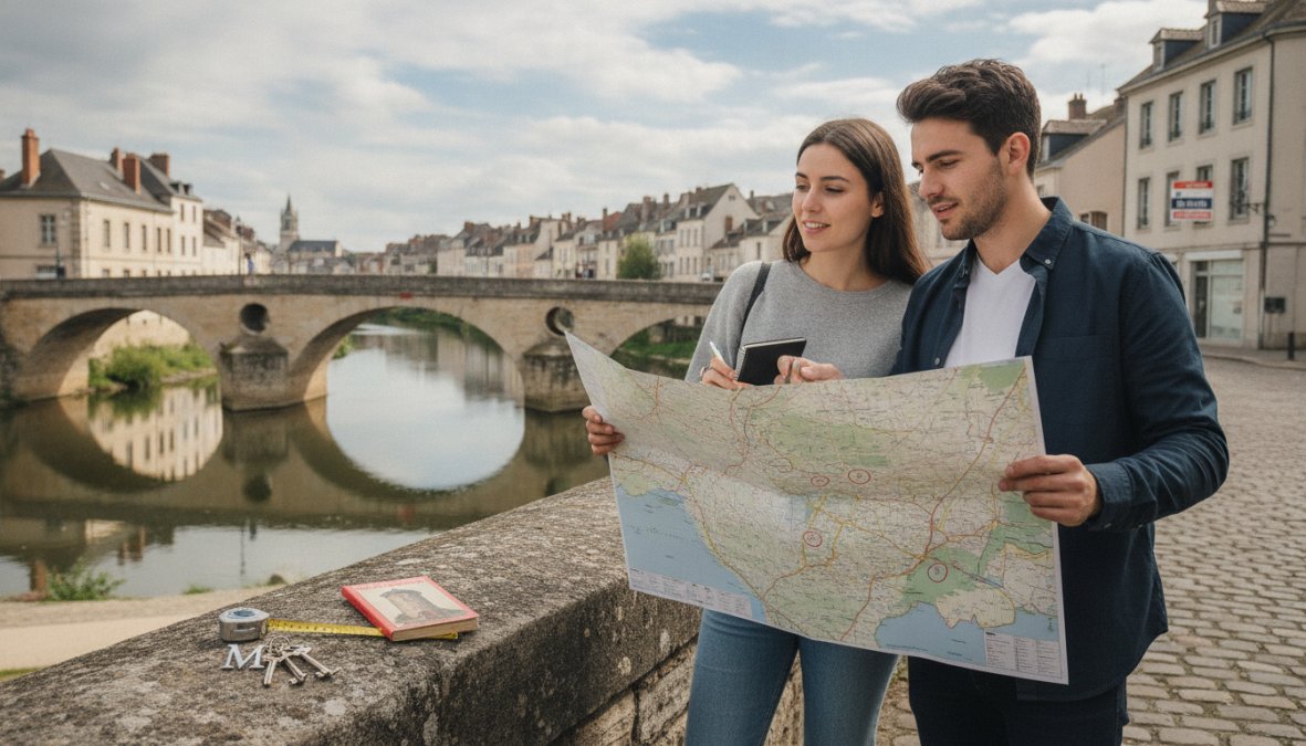 Vue urbaine d'une rue typique de Montluçon avec immeubles résidentiels, commerces locaux et passants en fin d'après-midi, illustrant l'ambiance d'un quartier résidentiel