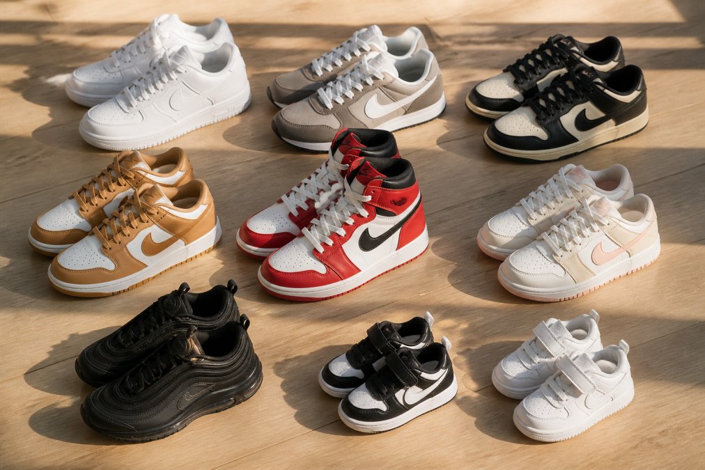 Flat lay de plusieurs paires de sneakers Nike iconiques disposées sur une surface en bois clair, incluant des modèles colorés pour homme, femme et enfant, avec un éclairage naturel