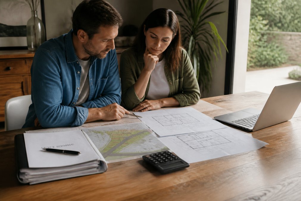 Un couple assis à une table en bois, examinant des plans de construction et des documents notariés, avec une calculatrice et un ordinateur portable affichant un tableau de budget immobilier