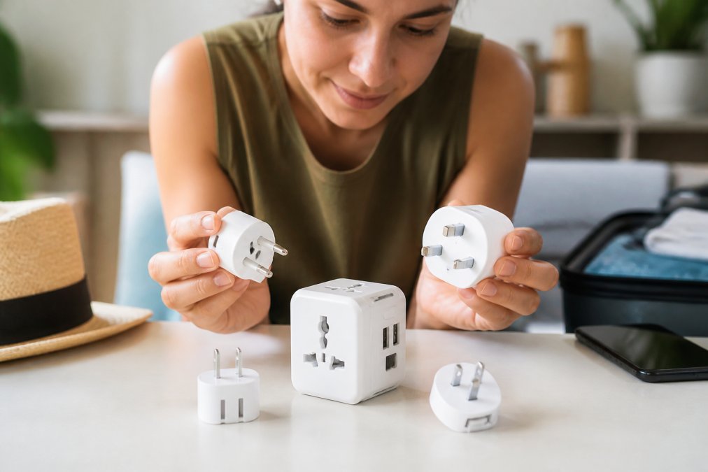 Gros plan de plusieurs fiches électriques différentes (européenne Type C, britannique Type G, américaine Type A et B, australienne Type I) posées sur une surface blanche avec un adaptateur universel au centre montrant sa polyvalence