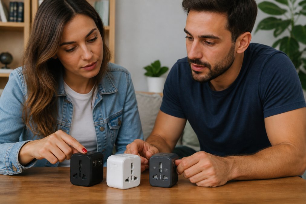 Gros plan comparatif de trois adaptateurs universels différents montrant les différences de taille, de nombre de ports USB-C et USB-A, et de qualité de finition des matériaux