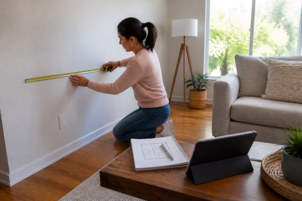Une personne mesure son mur avant d'acheter des meubles en ligne dans un salon lumineux avec des notes sur tablette.