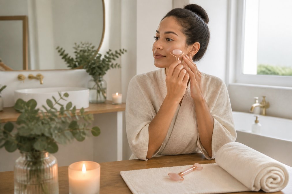 Femme appliquant un sérum avec un rouleau en quartz rose dans une salle de bain lumineuse avec bougie et serviette.