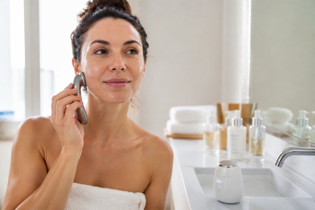 Woman using an electronic device to help facial care absorb in a bright bathroom