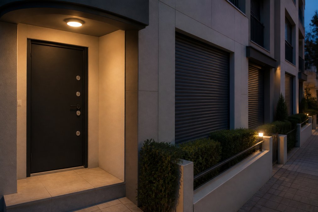 Porte d'entrée en rez-de-chaussée avec serrure de sécurité trois points, volets roulants fermés en métal gris, éclairage de nuit, entrée bien délimitée