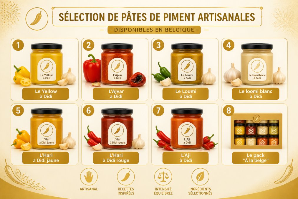 Plusieurs petits pots en verre remplis de pâtes de piment artisanales aux couleurs vives (rouge, jaune, orange) disposés sur une table en bois rustique, entourés de piments frais et de gousses d'ail, lumière naturelle chaude