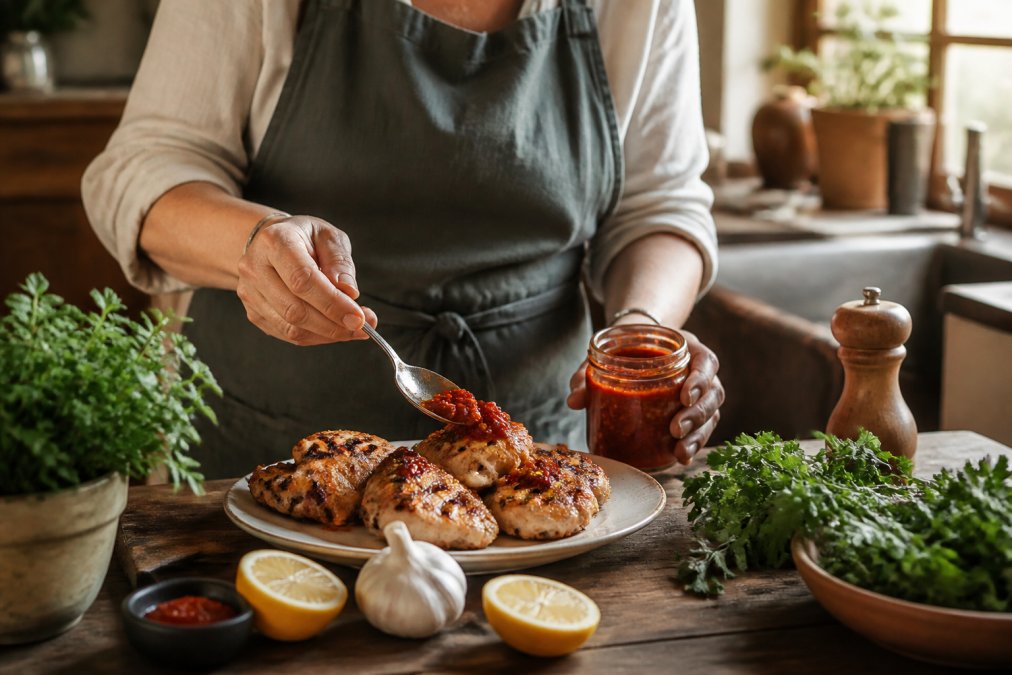 Une cuisinière à domicile étalant une cuillerée de pâte de piment rouge sur du poulet grillé dans une cuisine belge chaleureuse, avec des herbes fraîches, des moitiés de citron et un petit pot artisanal de pâte de piment visibles sur le plan de travail, lumière naturelle chaude
