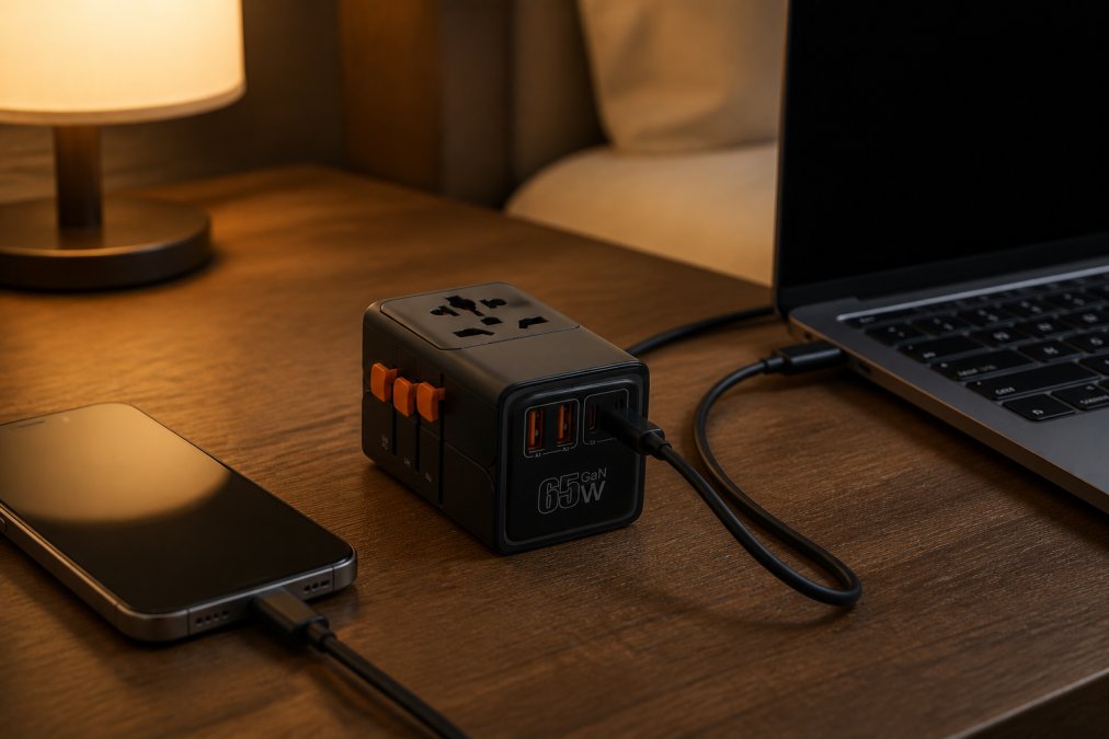 Close-up d'un adaptateur de voyage universel compact posé sur un bureau d'hôtel, avec un ordinateur portable, un smartphone et un câble USB-C branchés, éclairage d'ambiance chaud et tamisé
