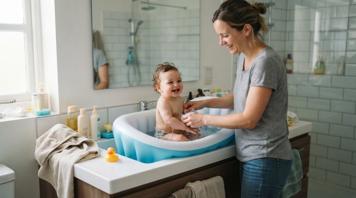 Parent utilisant une baignoire bébé sécurisée compacte sur un évier pour baigner son enfant sans se pencher.