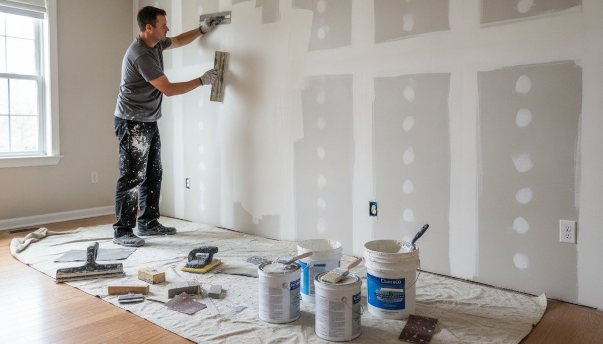 A professional painter in work clothes applying skim coat compound to a drywall surface in a bright residential room, with a hawk and trowel in hand, sanding blocks and primer cans visible on a drop-cloth-covered floor nearby