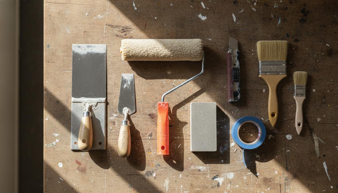 A flat lay of professional painting tools including a high-nap roller, hawk and trowel, sanding block, angled brush, and painter's tape arranged neatly on a wooden workbench in a well-lit workshop