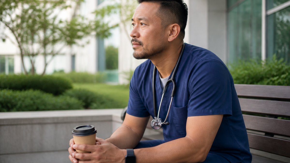 A physician sitting on a hospital bench with coffee, finding a moment of work-life balance during a shift.