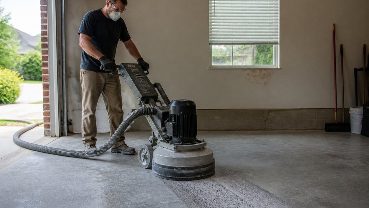Contractor using a diamond grinder to prep concrete instead of acid etching concrete for an epoxy floor.