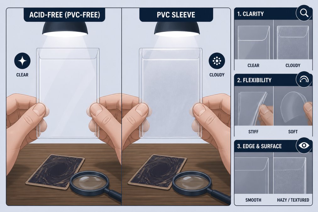 Close-up of a collector's hands holding two card sleeves side by side under bright light, one clear and one slightly cloudy, with a trading card and magnifying glass on a wooden table