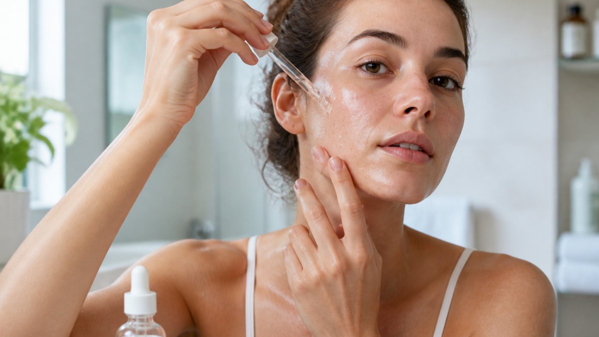 Donna applica alcune gocce di siero idratante sulla pelle umida del viso in un bagno luminoso e minimalista