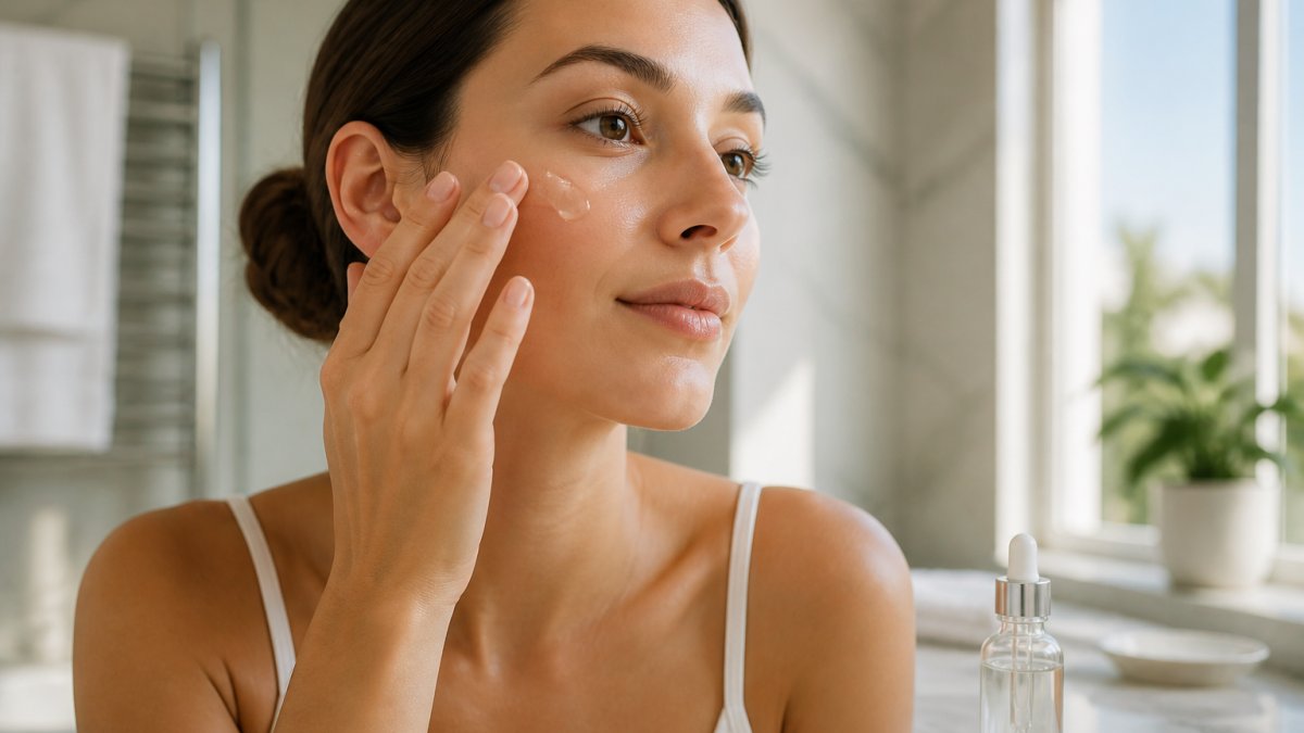 Close-up di una donna che applica alcune gocce di siero all'acido ialuronico sul viso con la punta delle dita, in un bagno luminoso con luce naturale, pelle fresca e asciutta, flacone di siero visibile sul piano