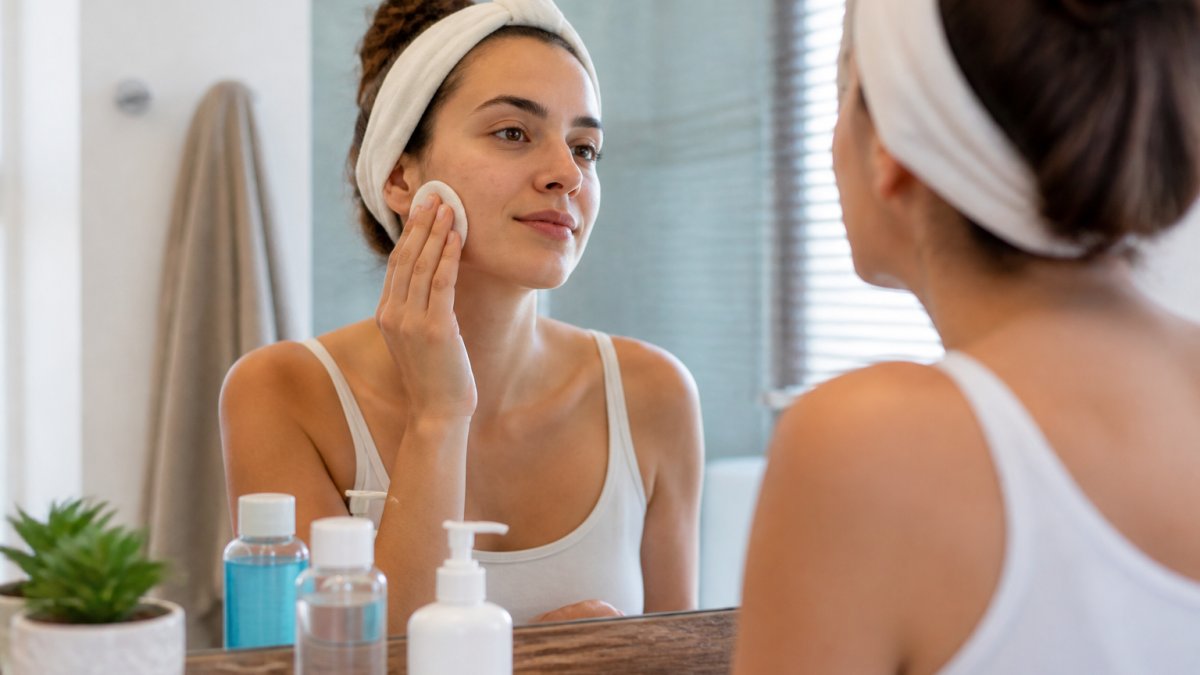 Person applying toner to face with cotton pad in bright bathroom, showing morning skincare routine with product bottles visible on counter