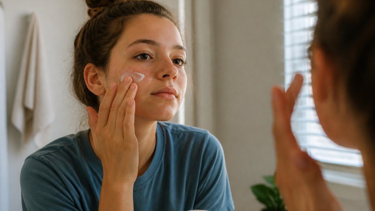 Young teen applying a gentle moisturizer to their face with a calm, focused expression, showing proper skincare application technique