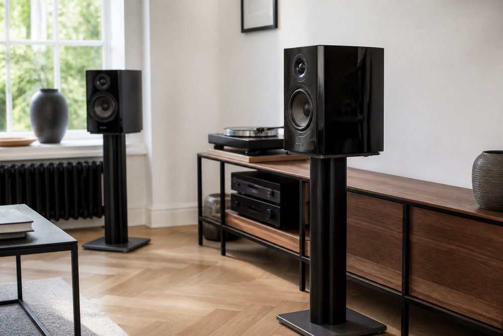 A pair of stand-mount hi-fi speakers in a piano gloss finish on dedicated stands in a bright living room, with a vinyl record player and amplifier visible in the background