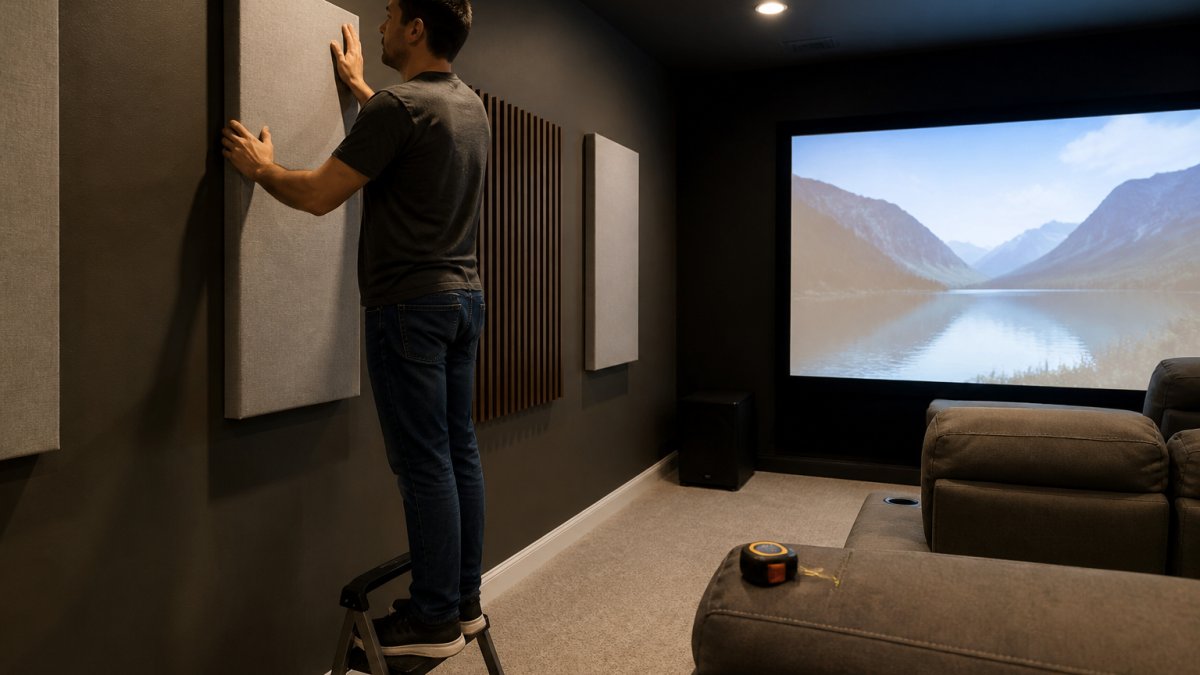 A homeowner standing on a small step stool pressing a fabric-wrapped acoustic panel onto the side wall of a dimly lit media room, with a projector screen glowing in the background and a tape measure resting on a nearby sofa