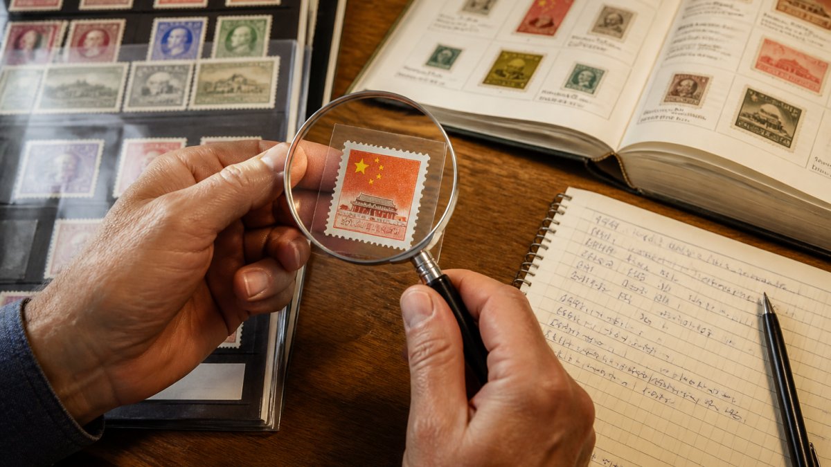 Collector holding a magnifying glass over a 1949 stamp with philatelic notes on a wooden desk