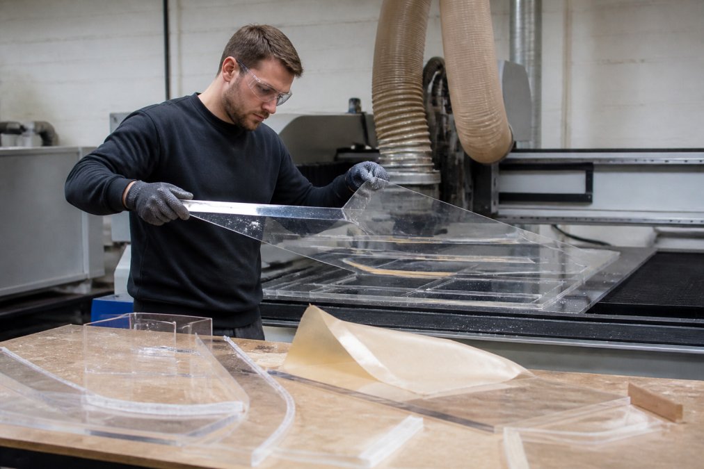 A workshop technician in safety glasses and gloves lifting a freshly cut clear acrylic panel from a CNC cutting bed, with polished offcuts and protective film visible on a workbench nearby
