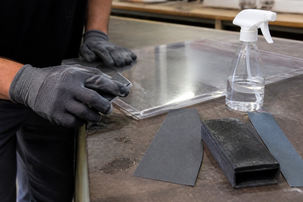 Close-up of a craftsman's hands wearing gloves, wet sanding the edge of a clear acrylic sheet on a workbench, with sheets of wet-and-dry abrasive paper, a spray bottle of water and a rubber sanding block arranged nearby under bright workshop lighting