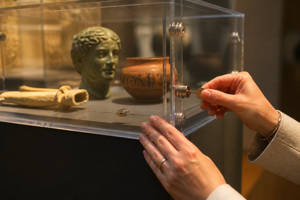Close-up of a museum curator's hands using a key to lock a clear acrylic display cabinet with a cam lock, with valuable artefacts visible inside under warm gallery lighting
