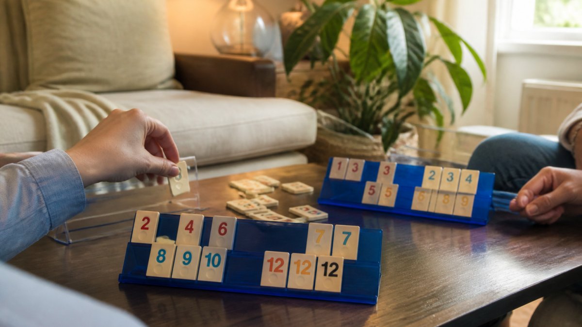 Two people playing a transparent board game with colorful tiles on a cozy coffee table in a sunlit living room.