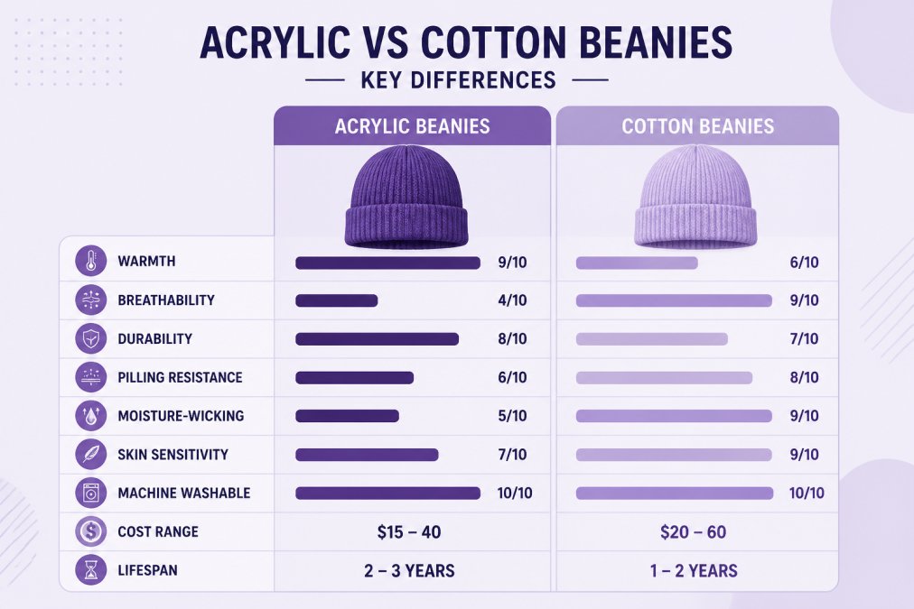 Comparison matrix showing acrylic vs cotton beanies with ratings for warmth (acrylic 9/10, cotton 6/10), breathability (acrylic 4/10, cotton 9/10), durability (acrylic 8/10, cotton 7/10), pilling resistance (acrylic 6/10, cotton 8/10), moisture-wicking (acrylic 5/10, cotton 9/10), skin sensitivity (acrylic 7/10, cotton 9/10), machine washable (both 10/10), cost range (acrylic $15-40, cotton $20-60), and lifespan (acrylic 2-3 years, cotton 1-2 years)