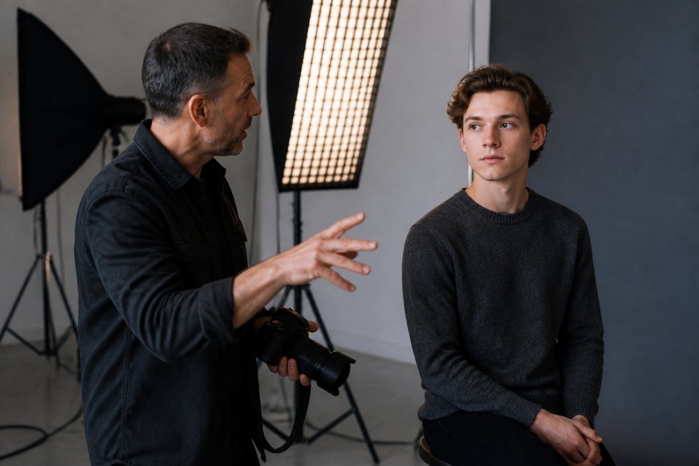 Professional headshot photographer adjusting studio lighting and providing posing guidance to actor during session, demonstrating expression coaching and technical setup in modern studio environment