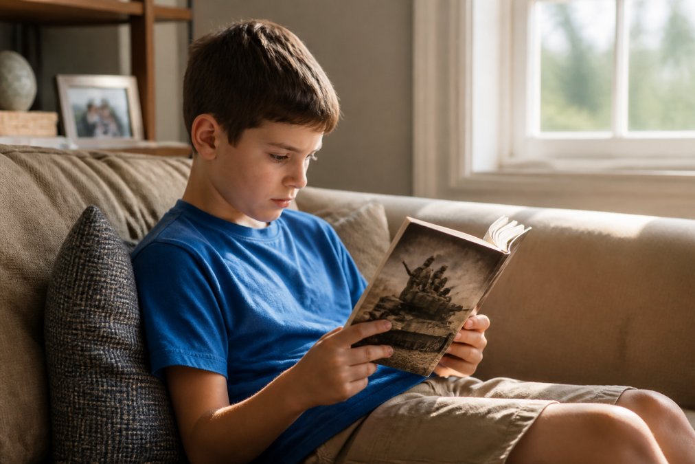 A young boy around 10 years old sitting on a couch at home, deeply engrossed in reading a paperback book with a military history cover, natural window light illuminating the pages