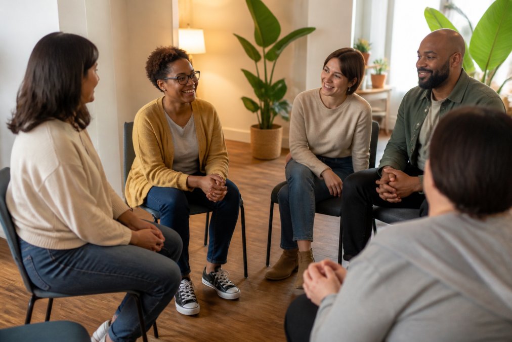 Diverse group of people sitting in a supportive circle during a community gathering, engaged in warm conversation with genuine smiles and encouraging body language in a comfortable indoor setting