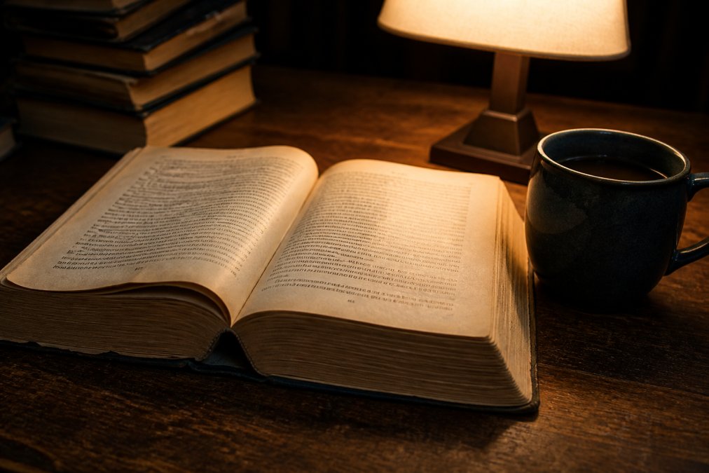 A worn paperback science fiction novel lying open on a wooden table beside a dim reading lamp, pages slightly yellowed, a half-empty coffee mug nearby suggesting a late-night reading session