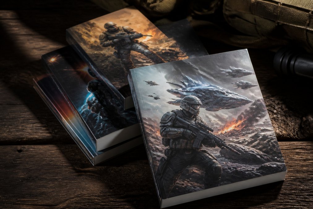 A stack of science fiction paperbacks with dramatic cover art arranged on a dark wooden surface, moody atmospheric lighting casting sharp shadows, suggesting high-stakes adventure
