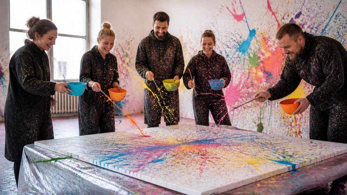 Ein Team von Mitarbeitenden arbeitet gemeinsam an bunten Schleuderbildern in einem hellen Studio, mit konzentrierten und fröhlichen Gesichtern, Farbe spritzend durch die Luft, inspirierende und energiegeladene Atmosphäre