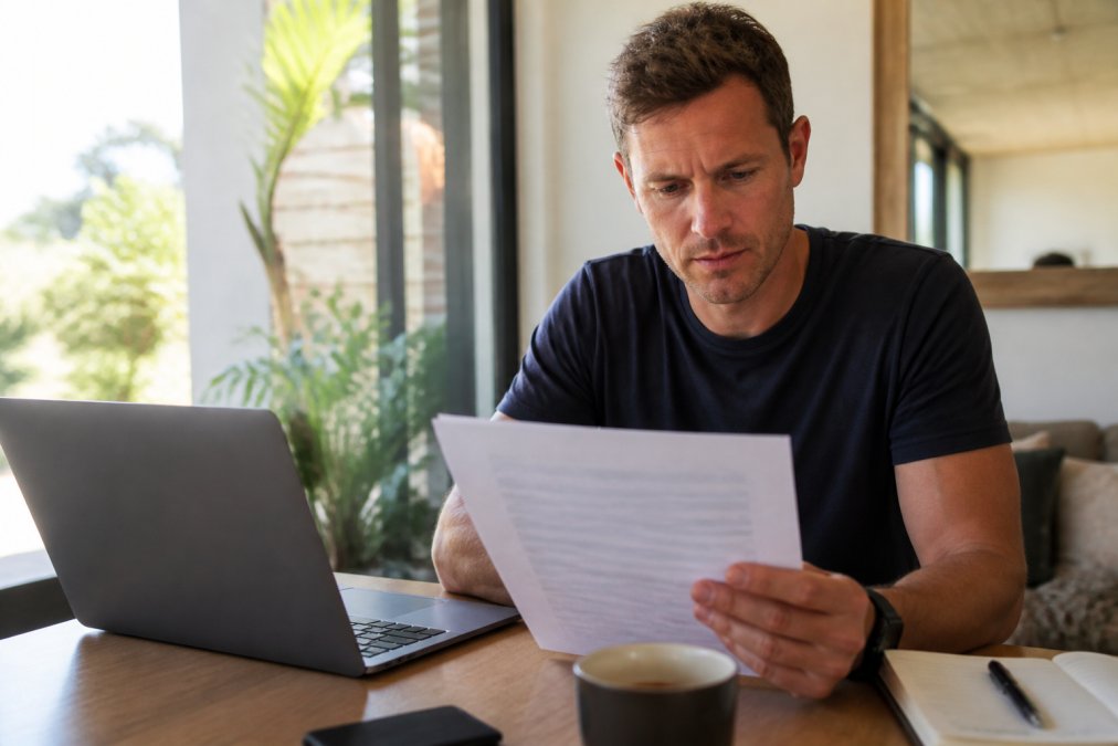 A business founder reviewing a printed comparison sheet at a desk with a laptop open, natural light from a window, calm and focused atmosphere