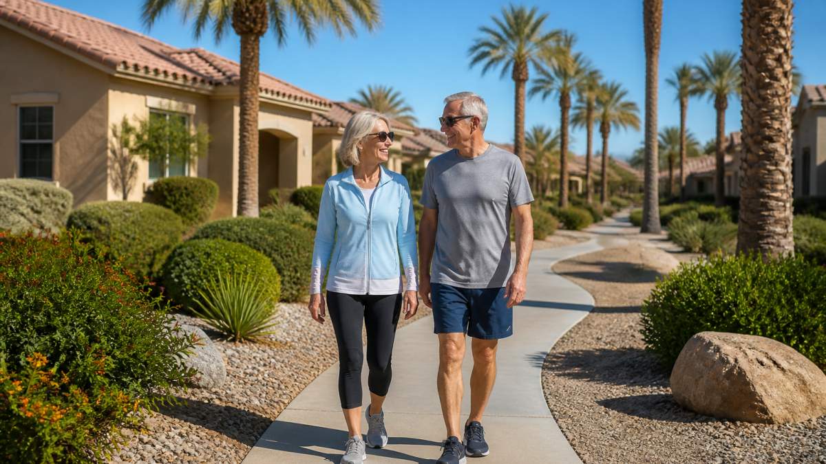 Mature couple walking along a landscaped path in one of Henderson's active adult communities with sunny homes.