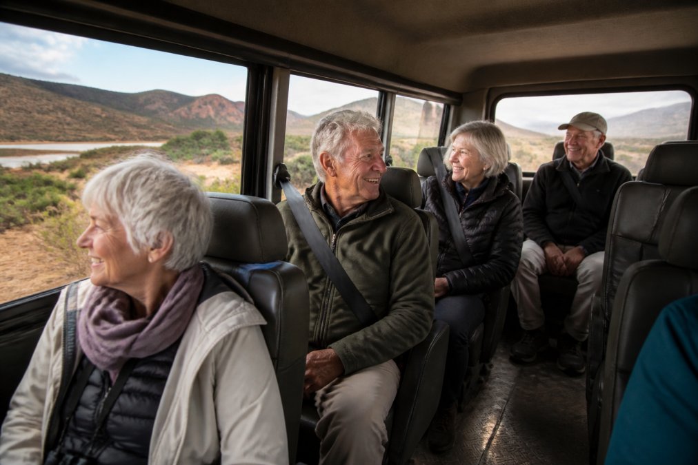 Small group of mature travellers sitting together in a purpose-designed 4WD vehicle, smiling and engaged with the landscape visible through the windows, relaxed and comfortable posture