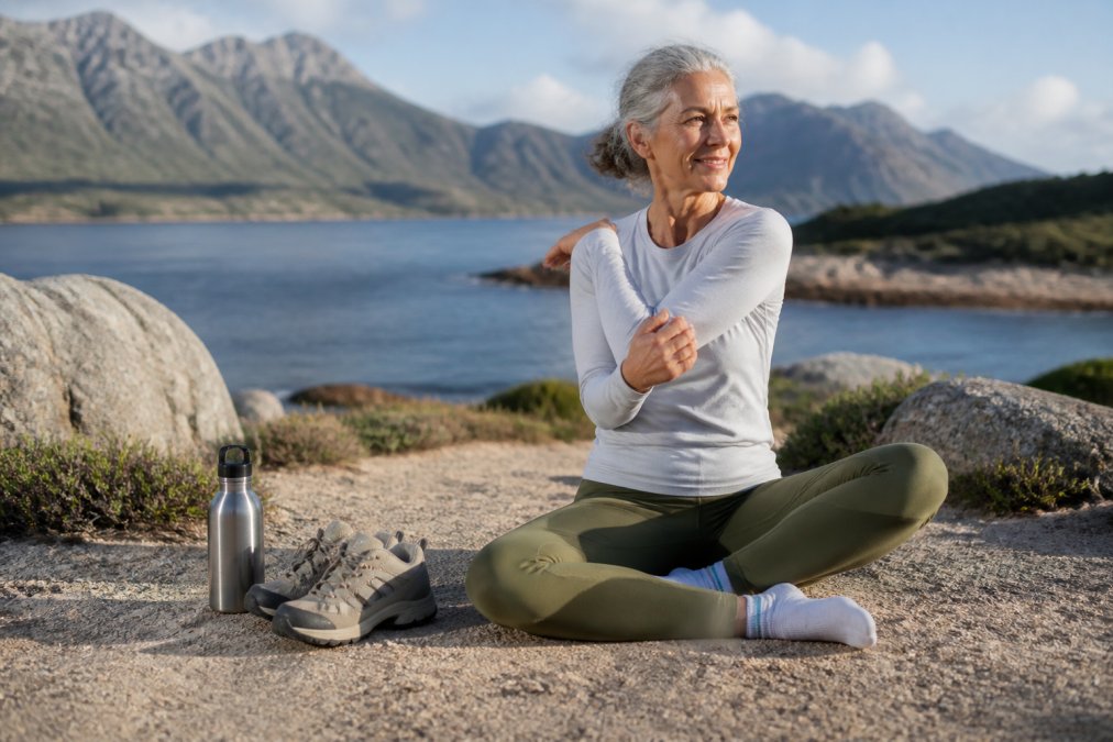 Mature traveller doing gentle stretches beside a scenic outdoor location, with walking shoes and water bottle visible nearby, morning light and natural landscape