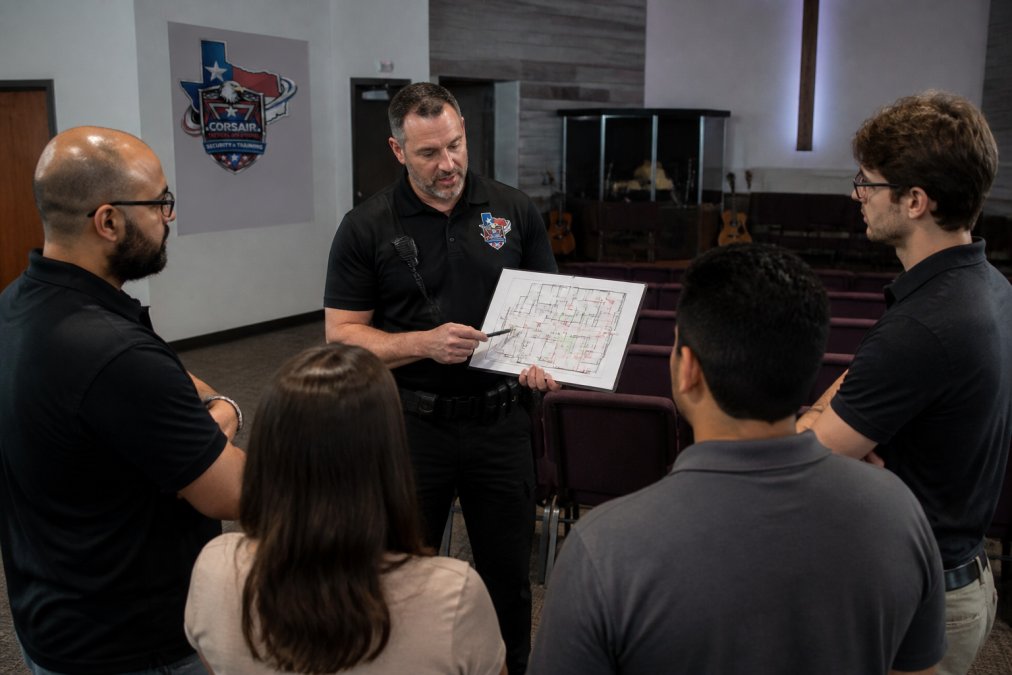 Professional security team member conducting briefing with church staff in sanctuary, pointing to emergency exits and discussing response procedures with focused attention