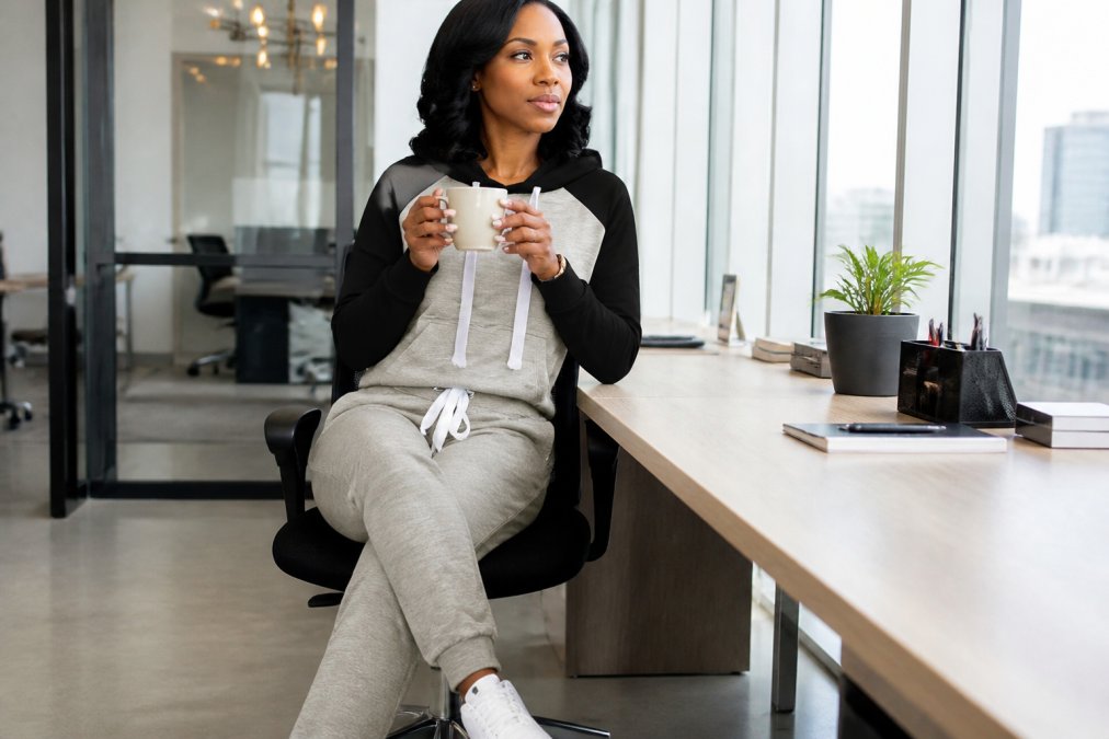 Professional woman in her early 40s wearing fitted black compression leggings, a cream-colored structured long-sleeve top with subtle shaping, and a tailored charcoal blazer, sitting at a modern office desk with natural light from windows, holding a coffee cup