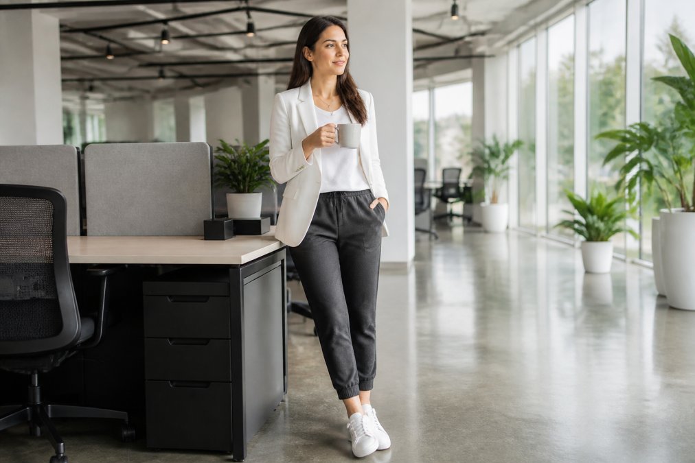A professional woman in slim-fit charcoal performance joggers, a tailored white blazer, and clean white minimalist sneakers, standing in a bright modern open-plan office holding a ceramic coffee mug, natural window light behind her