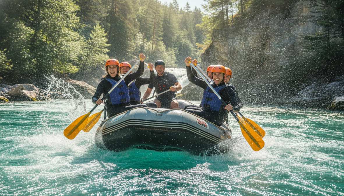 Group of eight friends in colorful helmets and wetsuits laughing and paddling together on a fast-moving river raft surrounded by rocky canyon walls on a bright sunny day