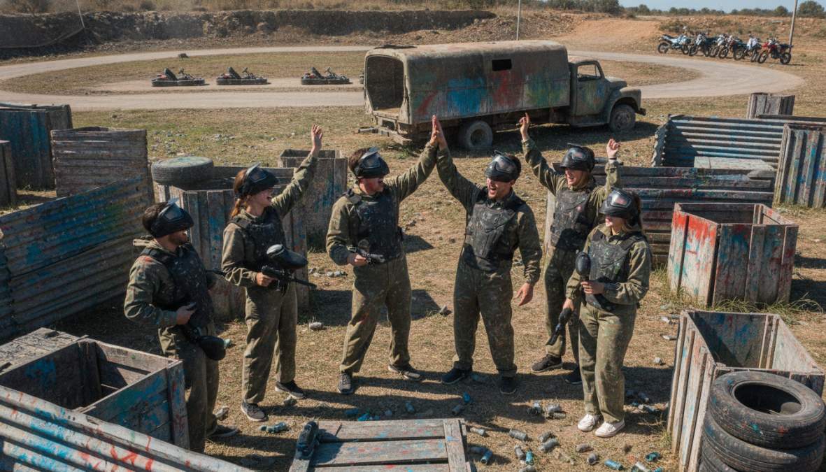 Group of young adults in paintball gear and protective masks celebrating with high-fives and laughter on a themed outdoor paintball field with wooden fortifications under afternoon sunlight