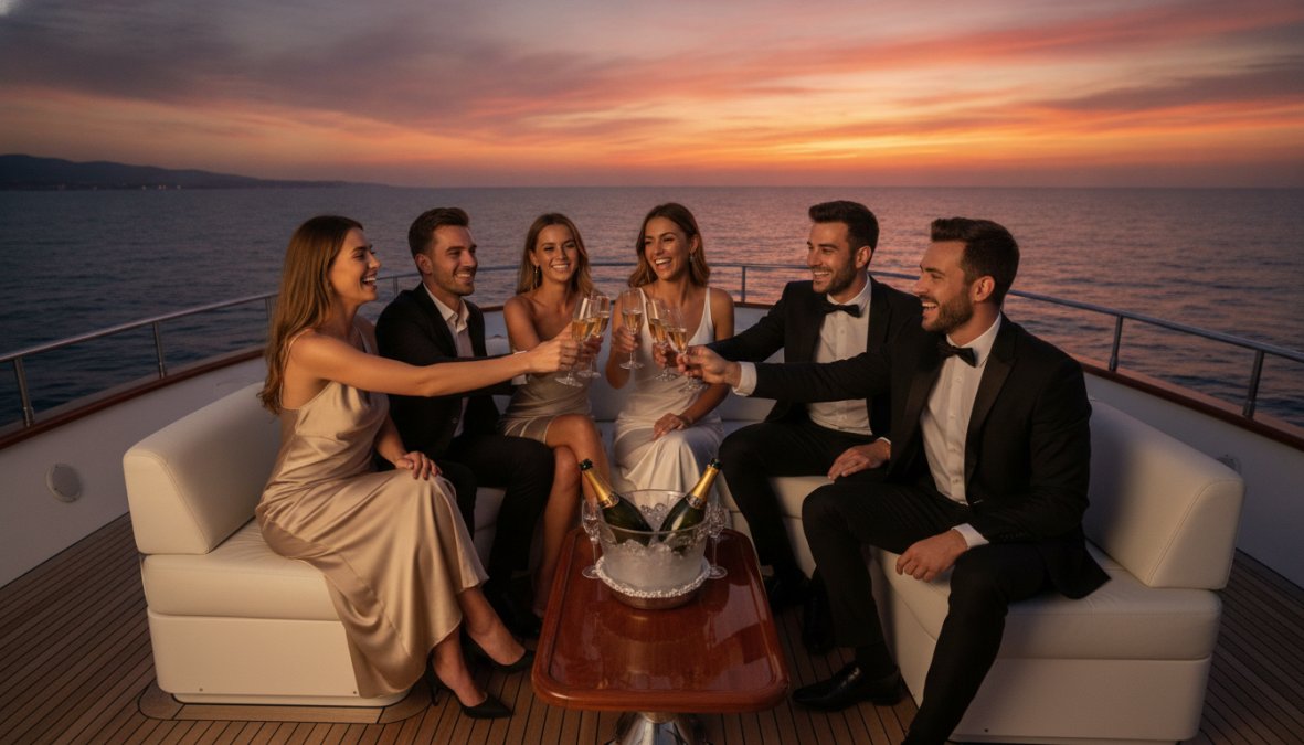 Un grupo de amigos jóvenes y elegantes brindando con copas de champán en la cubierta de un yate de lujo al atardecer, con el mar al fondo y luz dorada reflejándose sobre el agua