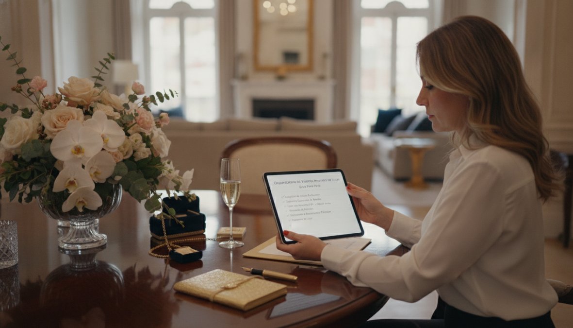Una persona elegantemente vestida revisando un checklist detallado en una tablet sobre una mesa decorada con flores blancas, velas y detalles de papelería premium en un espacio de eventos de lujo